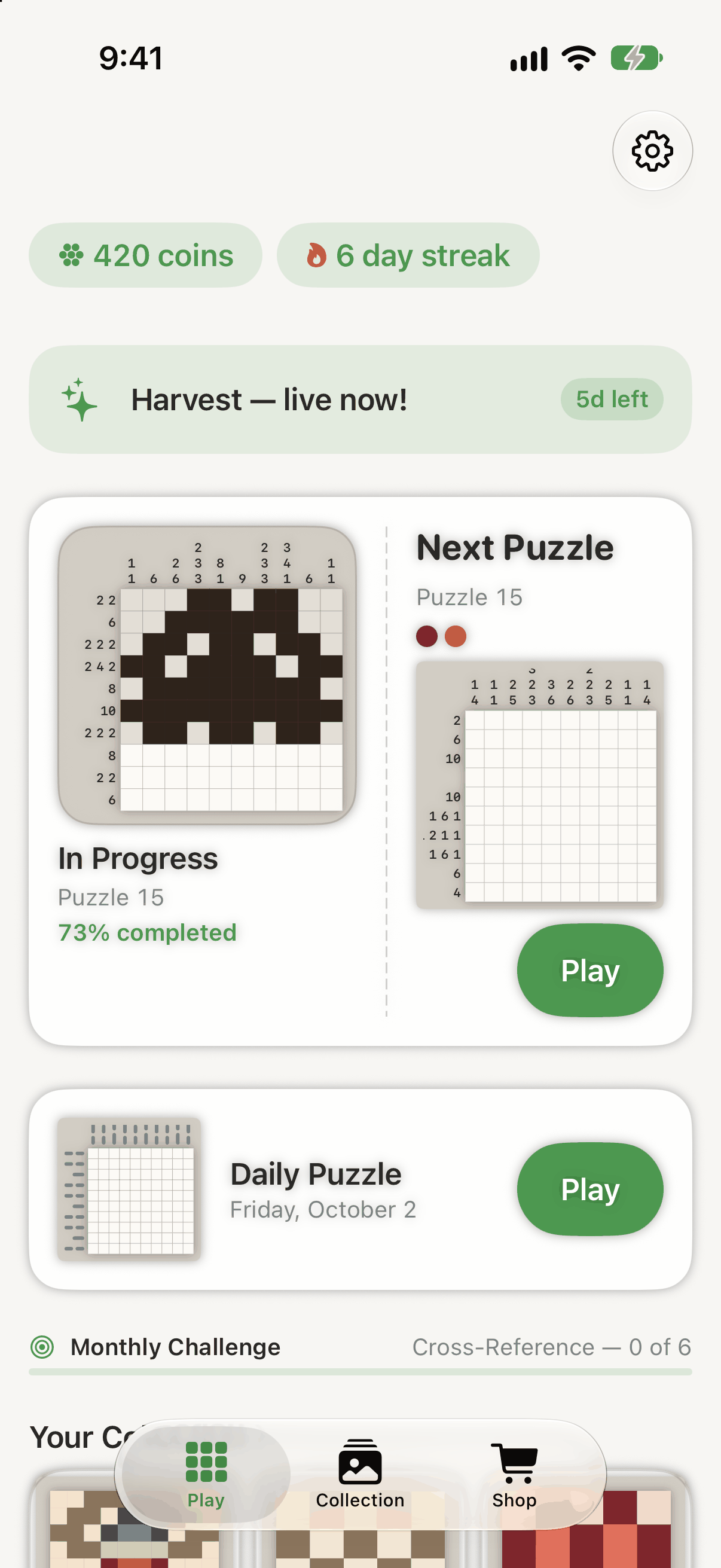 The home screen: a 420 coins chip and a six day streak, a Harvest event banner, a card showing Puzzle 15 in progress at 73 percent with the next puzzle queued beside it, a Daily Puzzle card for Friday October 2, a Monthly Challenge line reading Cross-Reference — 0 of 6, and a Play, Collection and Shop tab bar at the bottom.