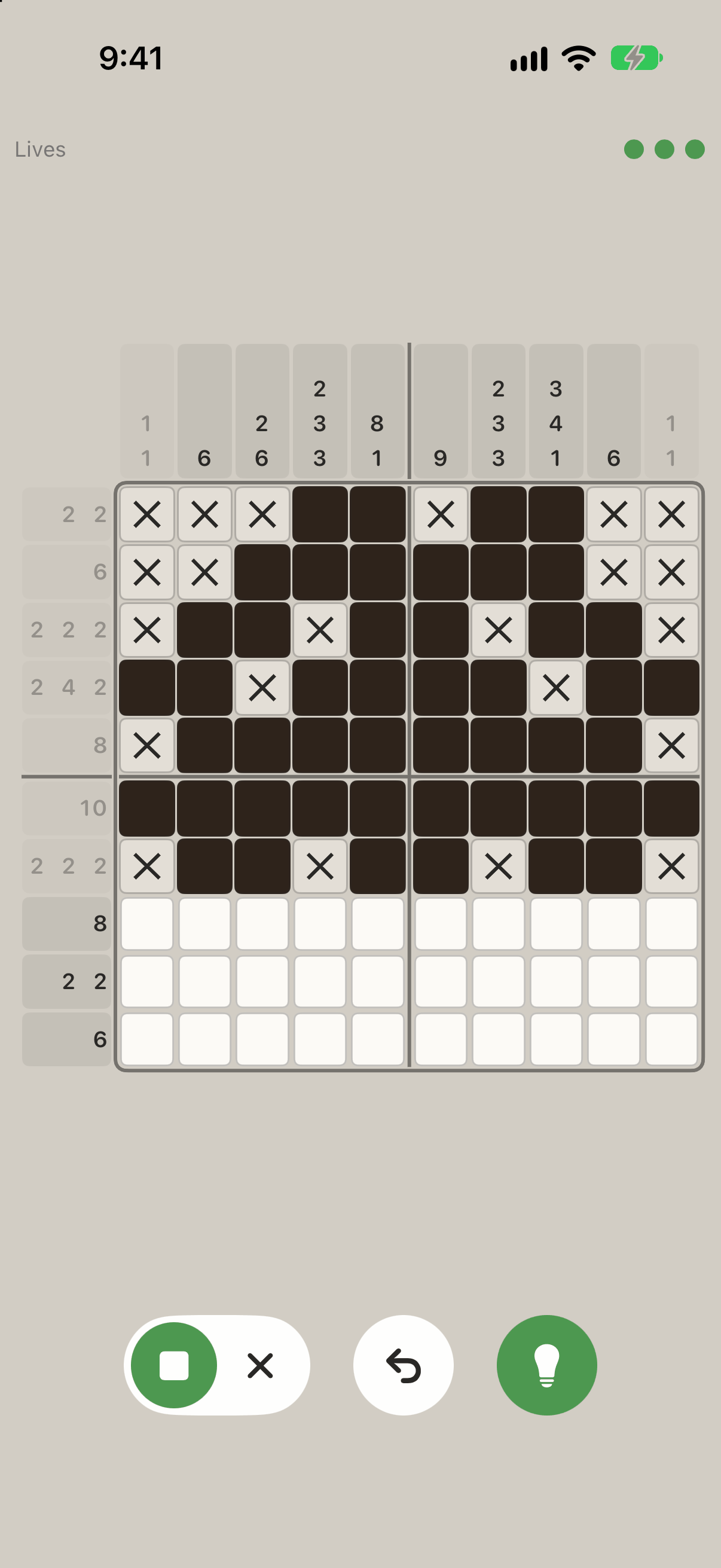 A ten by ten board with number clues above every column and beside every row, a Lives label with three green dots in the corner, several squares marked with an X, and a fill-or-cross toggle, an undo button and a hint button along the bottom.