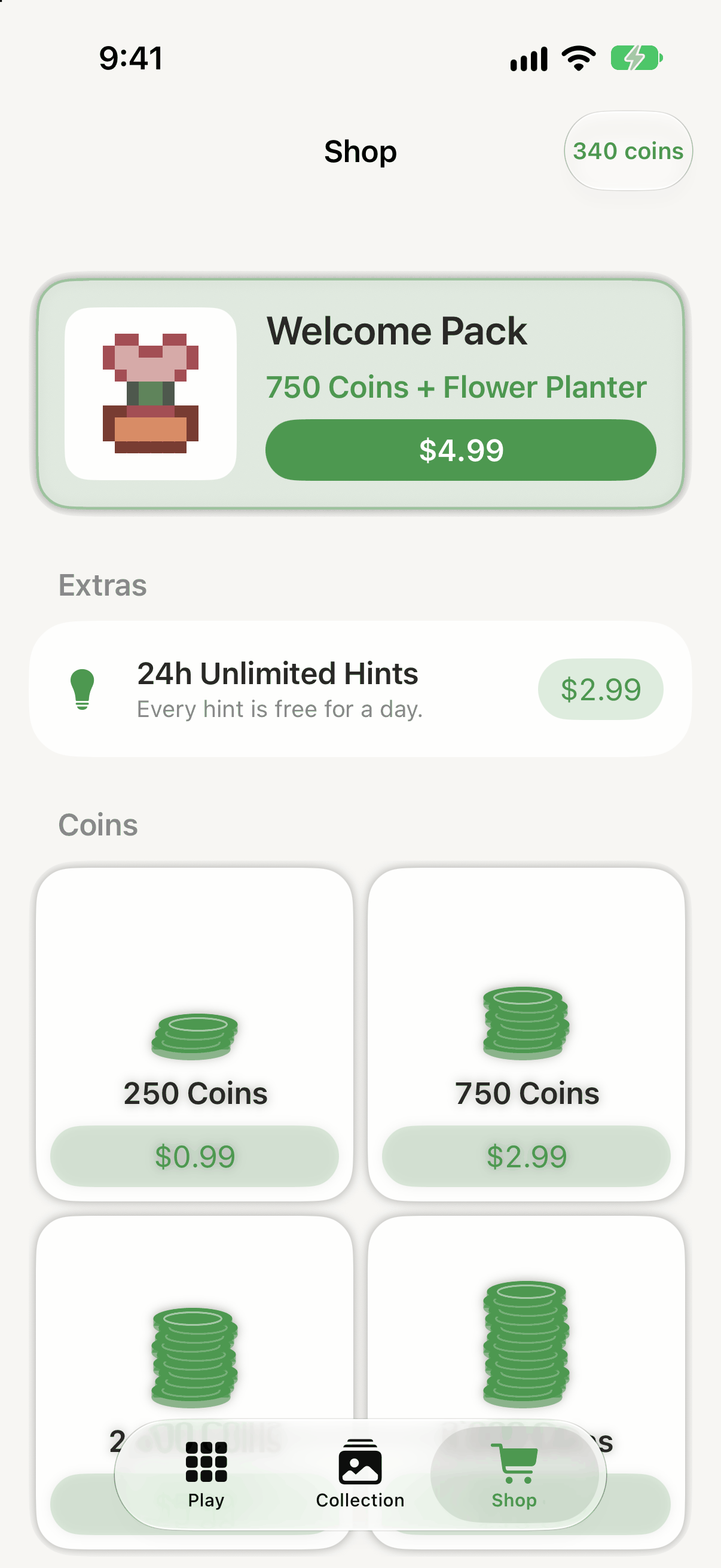 The Shop screen: a coins balance chip at the top, a highlighted Welcome Pack pairing coins with a flower-planter cosmetic, an Extras row offering a day of unlimited hints, and a Coins section showing two coin-pack sizes with more continuing below a Play, Collection and Shop tab bar.